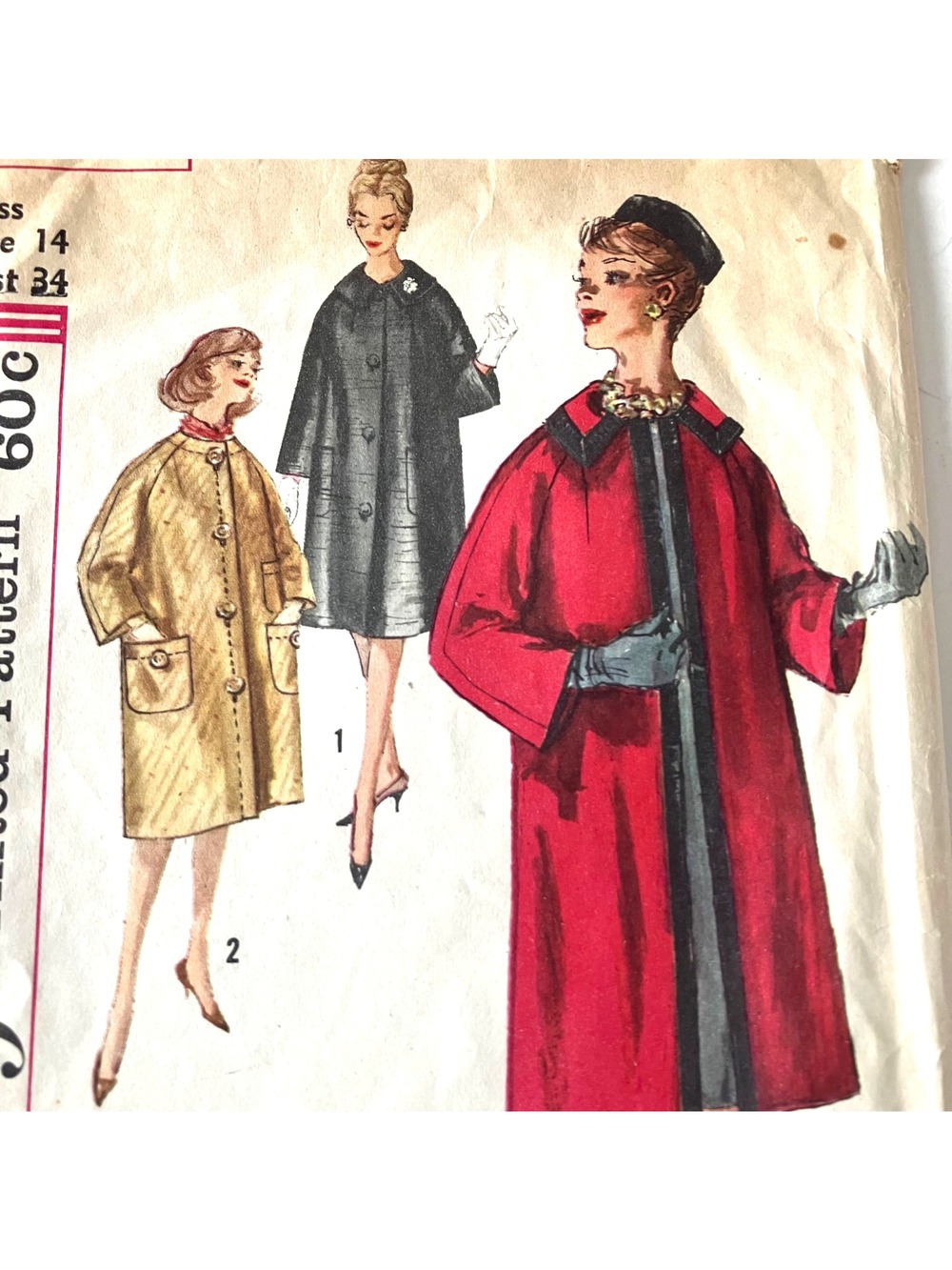 1960s Simplicity 3620 Mod Style Gentle Raglan Sleeve Lined Coat Pattern Size 14